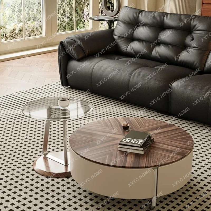 

XX Slate Coffee Table Modern Simple Living Room Household Size Creative Round Glass Coffee Table Combination