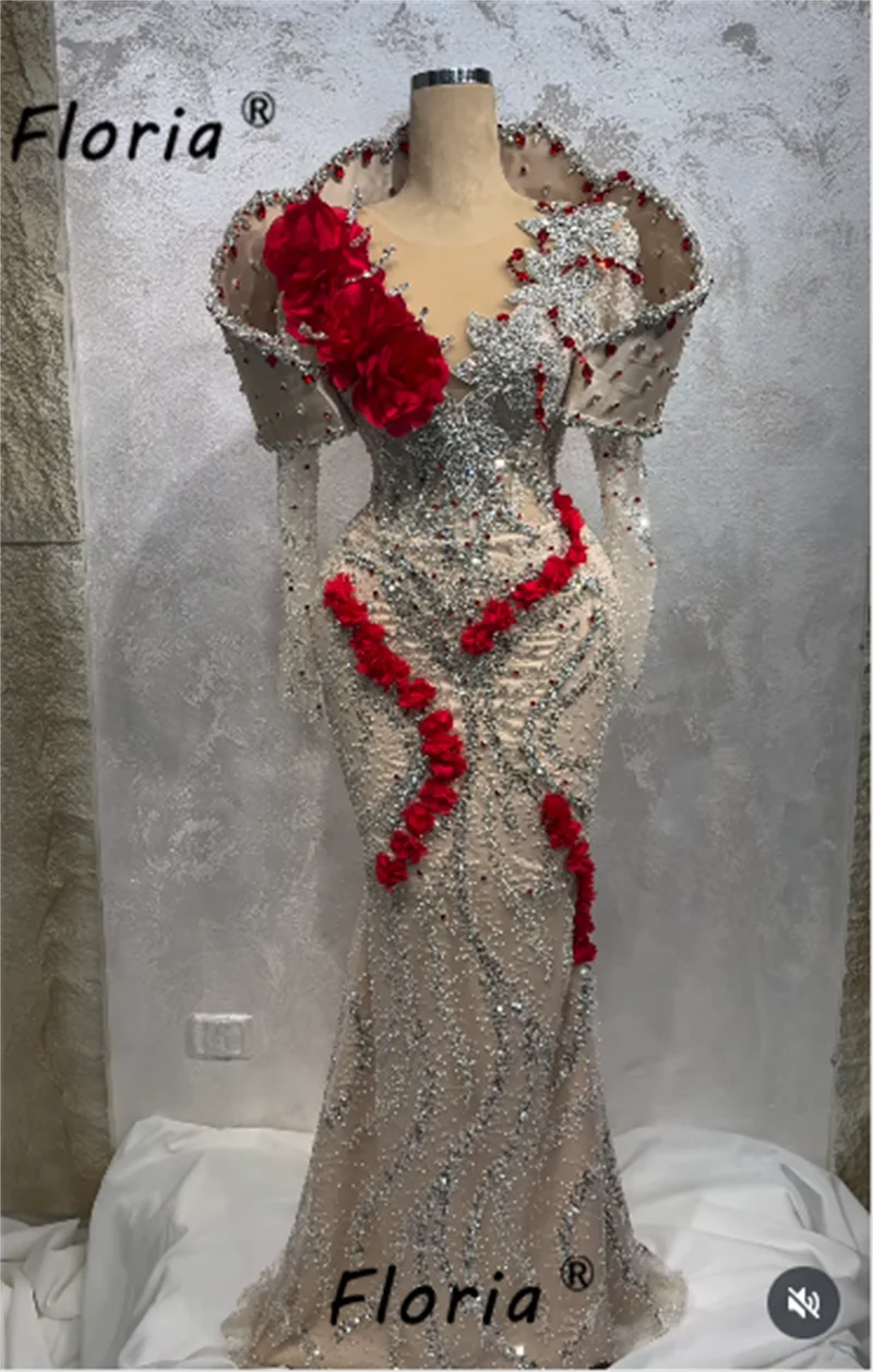 

Роскошное женское вечернее платье знаменитостей в Дубае с блестящими кристаллами и цветами, платья русалки для свадебных мероприятий, бусы, Vestidos de gala, по индивидуальному заказу