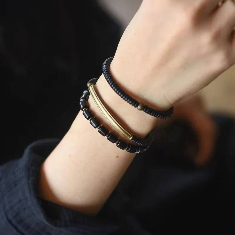 Black Ebony Space Beads Black Wood Bracelet Brass Charm  Natural Retro Boho Simple Jewelry Summer Miyuki Jewelry