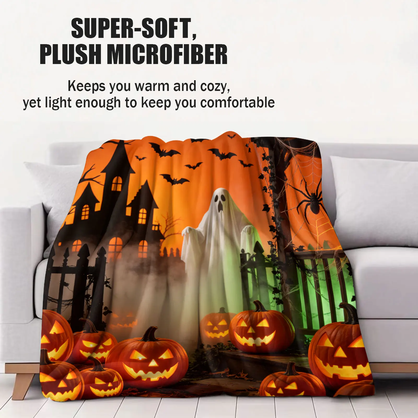 Halloween Flannel Throw Blanket Haunted House Ghost Jack‑O'‑Lantern Pumpkin Bat Spider Mist Scene Print Soft Warm Decor Blanket