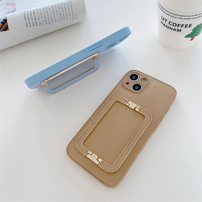 

Trendy Metal Holder Leather Phone Case For iPhone16 15 14 13 12 11Pro Xsmax 78Plus SE2 XR PU Full Cover Skinny Capa Protection