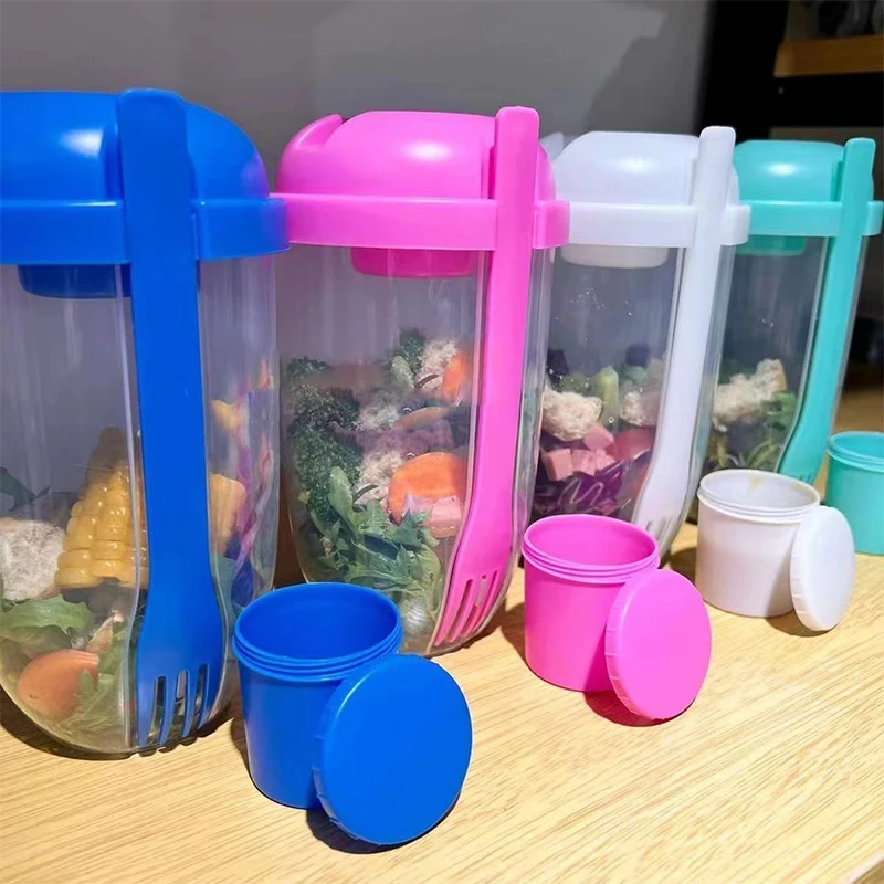 Portable Salad Cup With Fork Fresh Salad Container Bottle Vegetable Fruit Breakfast Lunch Carry To Go For Work Travel Picnic