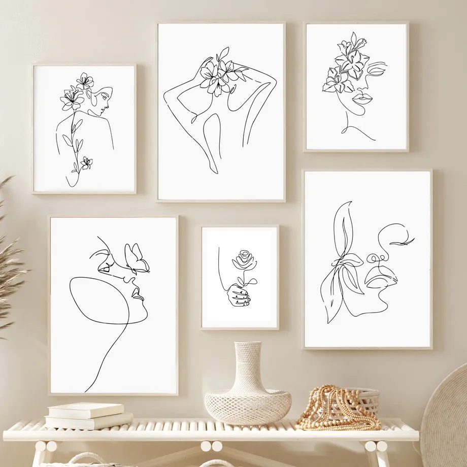

Nordic Abstract Wall Art Canvas Painting - Minimalism Flower & Woman Lines Design Living Room Decor Poster Print Picture
