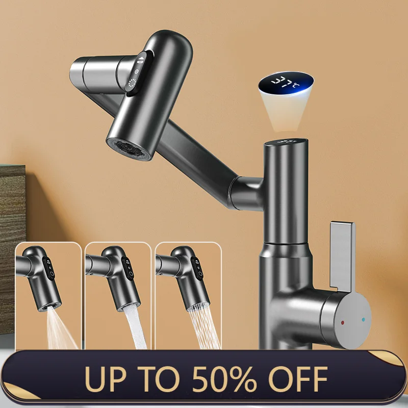 360 Rotation Wash Basin Faucet Digital Display LED Multi Function Stream Sprayer Hot Cold Water Sink Mixer Wash Tap For Bathroom