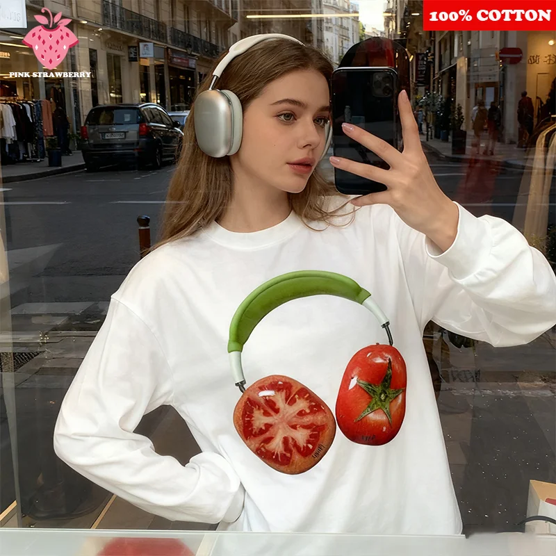 

Tomato Earphone Print T-shirt Women Men 2025 Autumn New 100% Cotton White Long Sleeves Oversize T-shirt Y2k Top Ladies clothing