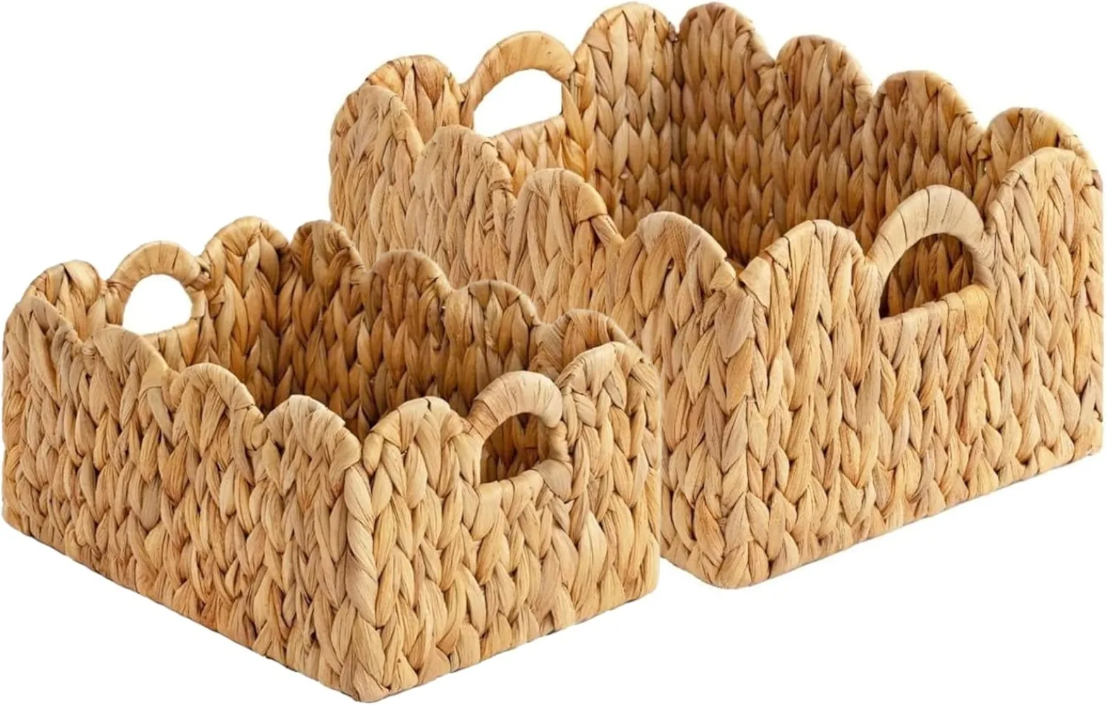 

2-Pack Scalloped Wicker Storage Baskets – Water Hyacinth with Handles for Nursery, Shelf & Home Organization
