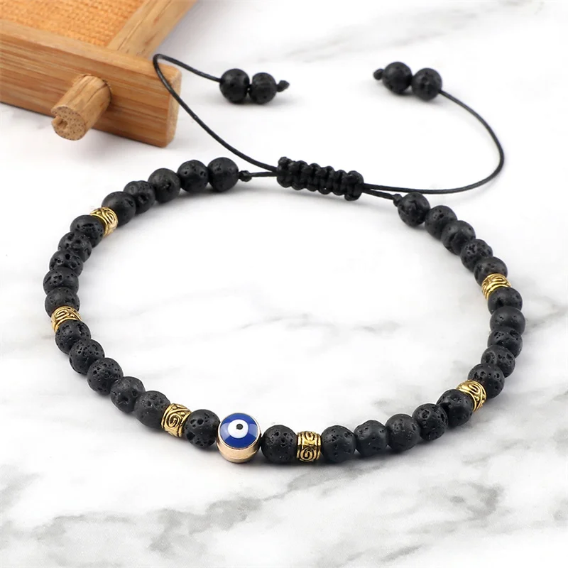 Classic Turkish Evil Eye Beads Braided Bracelet For Women Men Lucky 4mm Natural Lava Stone Bracelets Charm Couple Jewelry Gifts