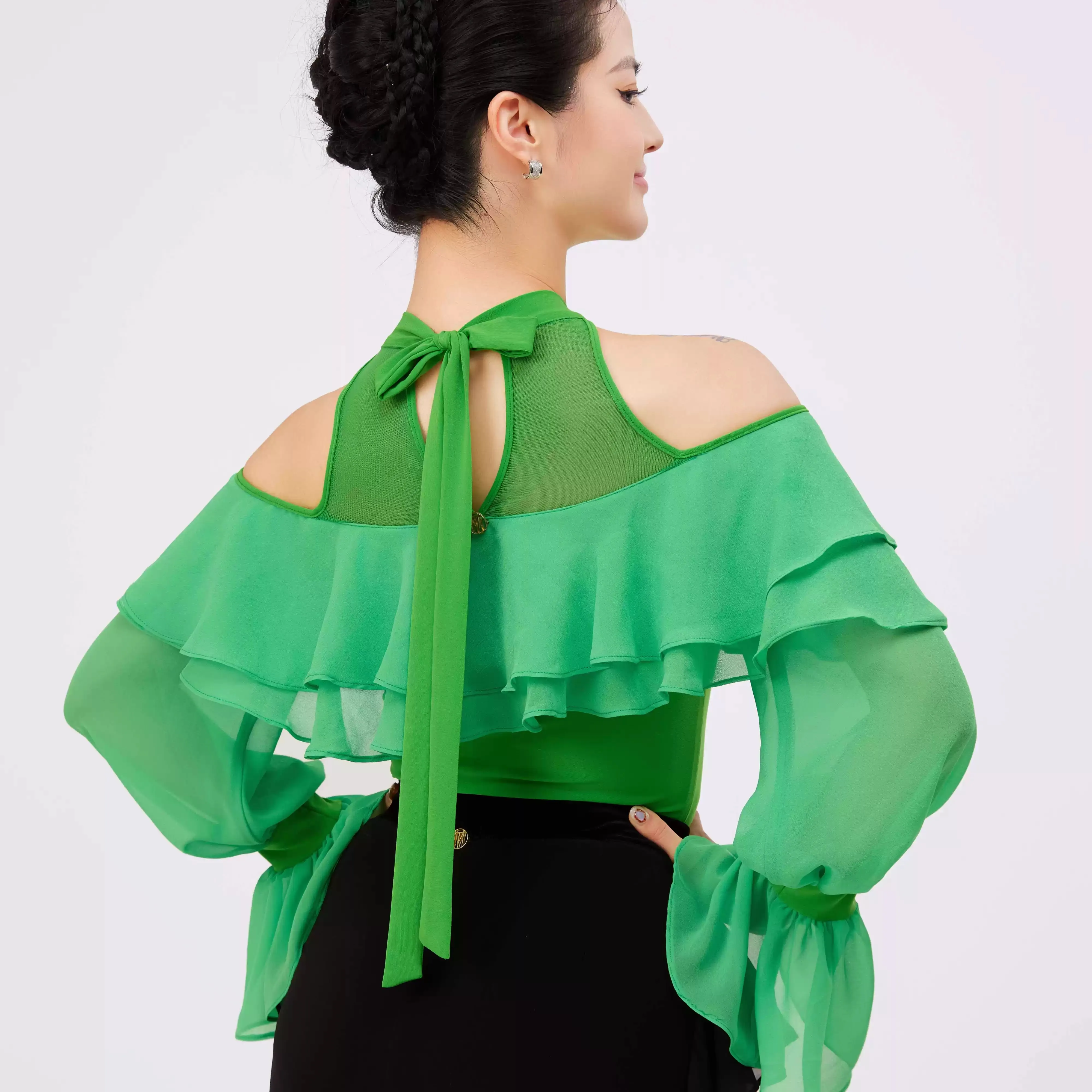 2025 女性オフショルダーメッシュジャンプスーツダンス衣装モダンダンス服チャチャタンゴラテン社交ダンス服 DN21915