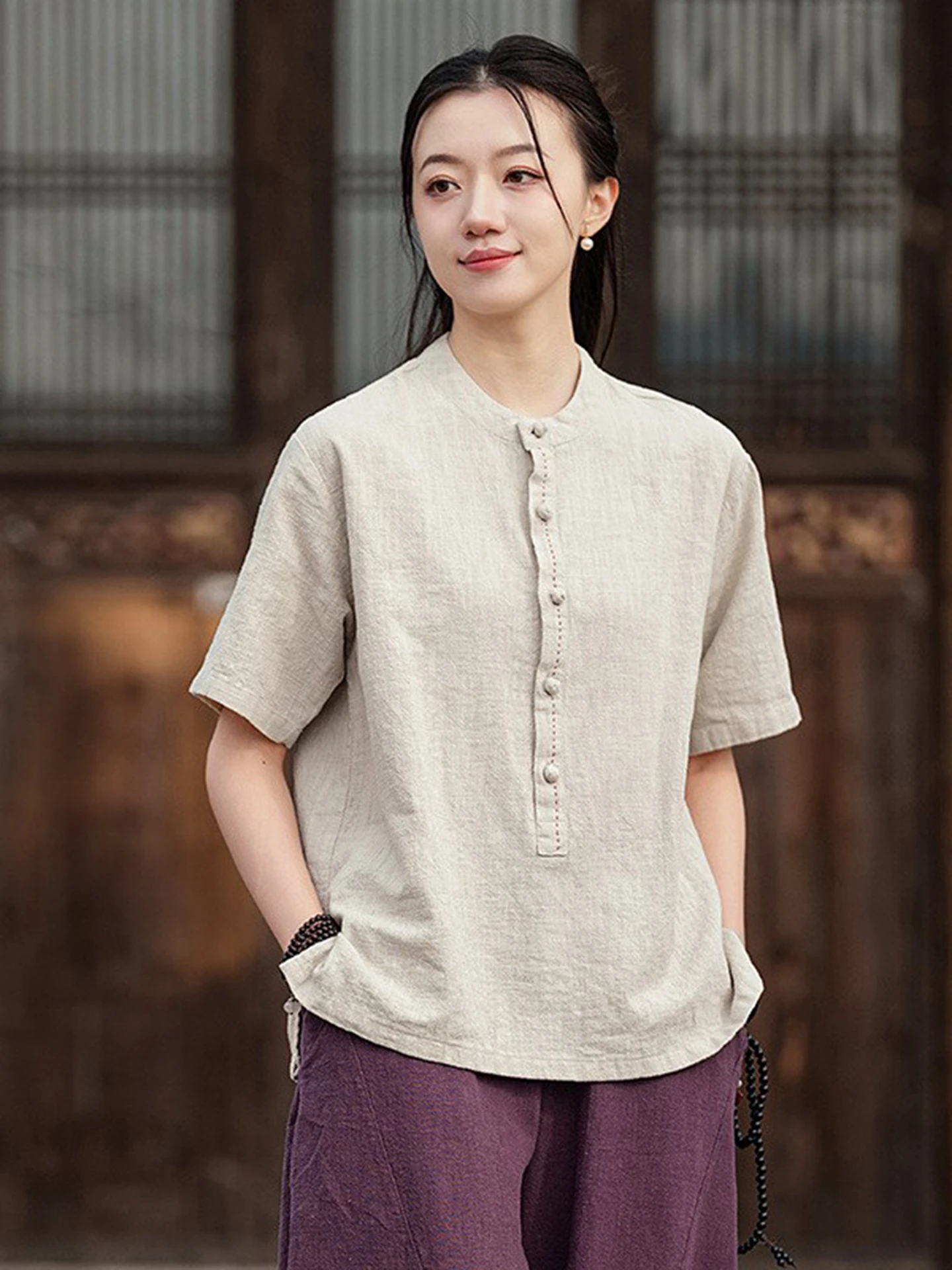 Cotton Linen Women's Top Summer Zen Style Buddhist Fashion New Chinese National Style Zen Clothes Retro Buttoned Short Sleeve...