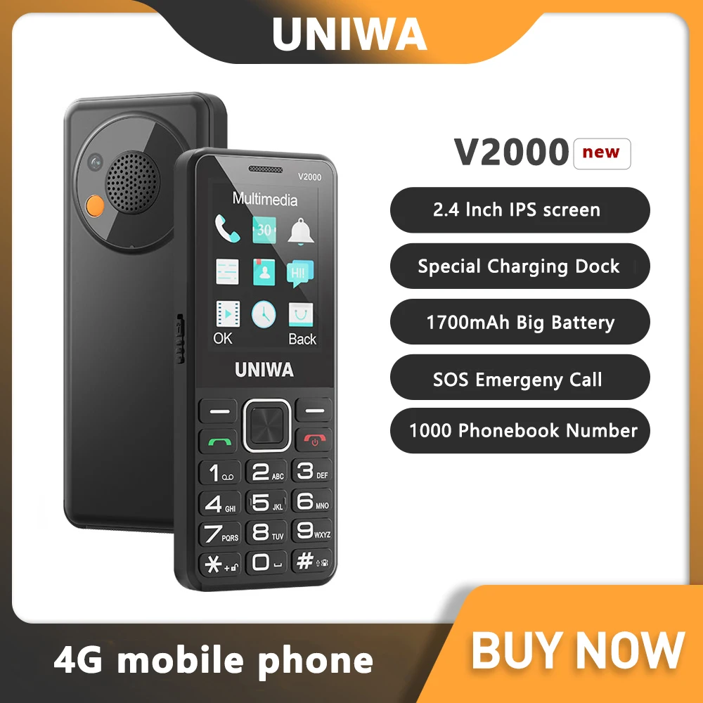 UNIWA V2000 Global 4G Network 2.4 بوصة IPS عرض SOS زر المسنين الهاتف الخليوي مع بطارية 1700mAh دعم الاتصال بنقرة واحدة