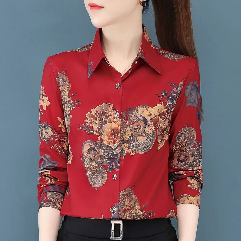 Spring and Autumn Women\'s Polo Collar Button Contrast Plant&Flowers Printing Single Breasted Long Sleeve Shirt Cardigan Tops