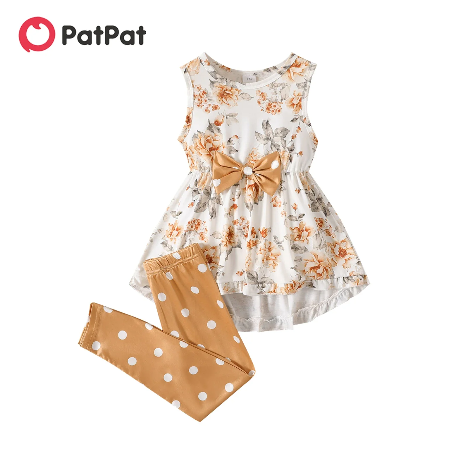 PatPat 2pcs Kid Girl 3D Bowknot Design High Low Ruffled Sleeveless Tee and Polka dots Leggings Set Soft and Comfortable