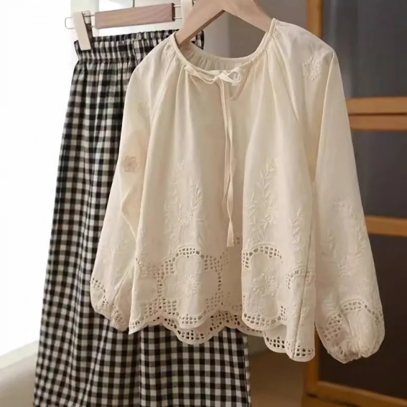 

2024Mori Style Children's Cotton Embroidered Shirt Girl's Shirt Middle and Big Children Lattice Loose Pants Spring and Autumn Ch