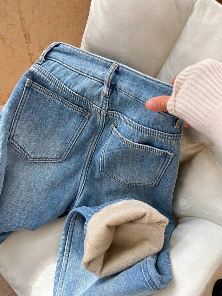 Pluche Fluwelen Gevoerde Baggy Rechte Jeans Winterse Sneeuwkleding Lichtblauwe Broek Korea Basic Vaqueros Vrouwen Streetwear Denim Broek