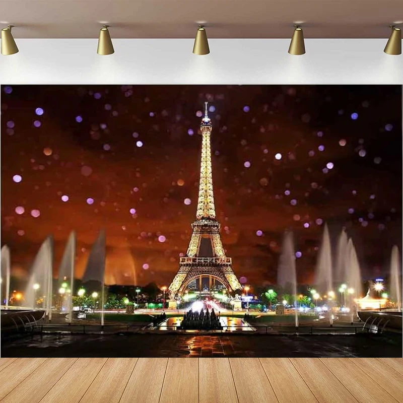 Eiffel Tower Photography Backdrop Night Scene Romantic For Party Background Poster Video Studio Props Banner