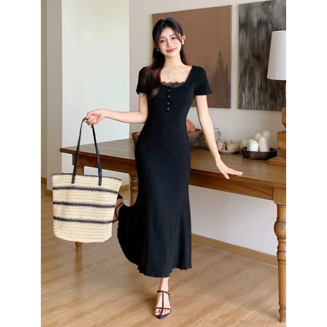 Elegant Black Hepburn Style Long Dress Lace Trim Fish Tail  Dress Slimming for Tea Break Casual Summer Short Sleeve Women...
