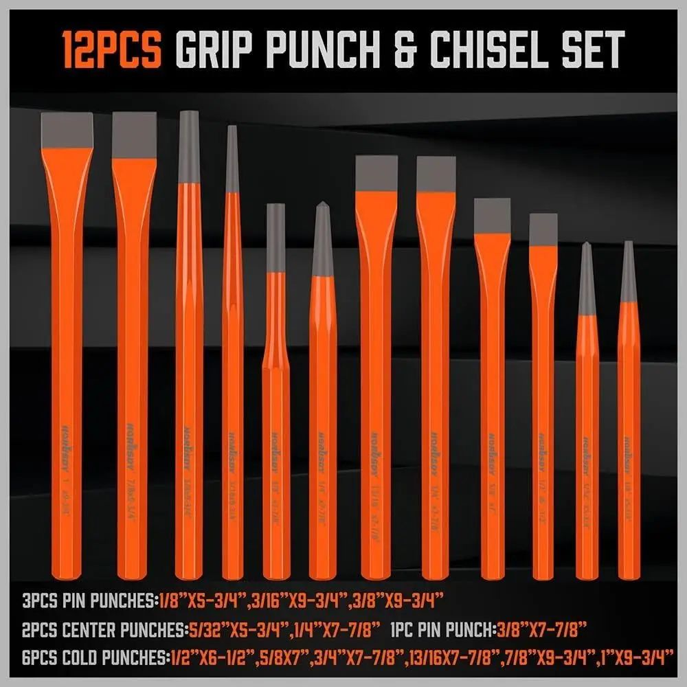 28-Piece Heavy Duty Punch and Chisel Set, Including Taper, Cold Chisels, Pin, Center Punch