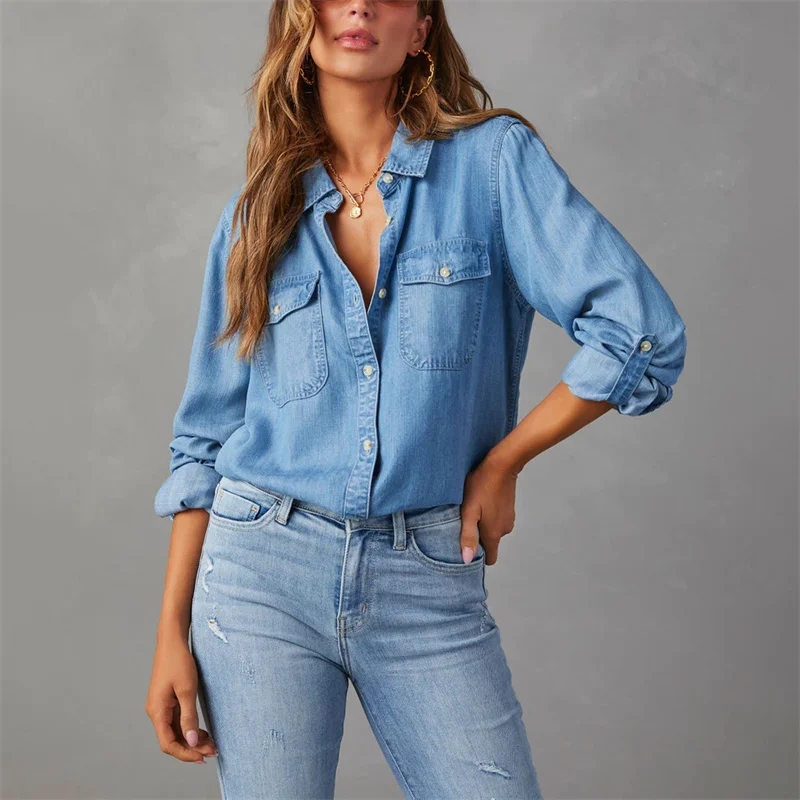 GuliriFei Women Denim Shirts Solid Color Turn Down Neck Long Sleeve Jean Blouses Spring Loose Casual Tops Streetwear 2025 Shirt