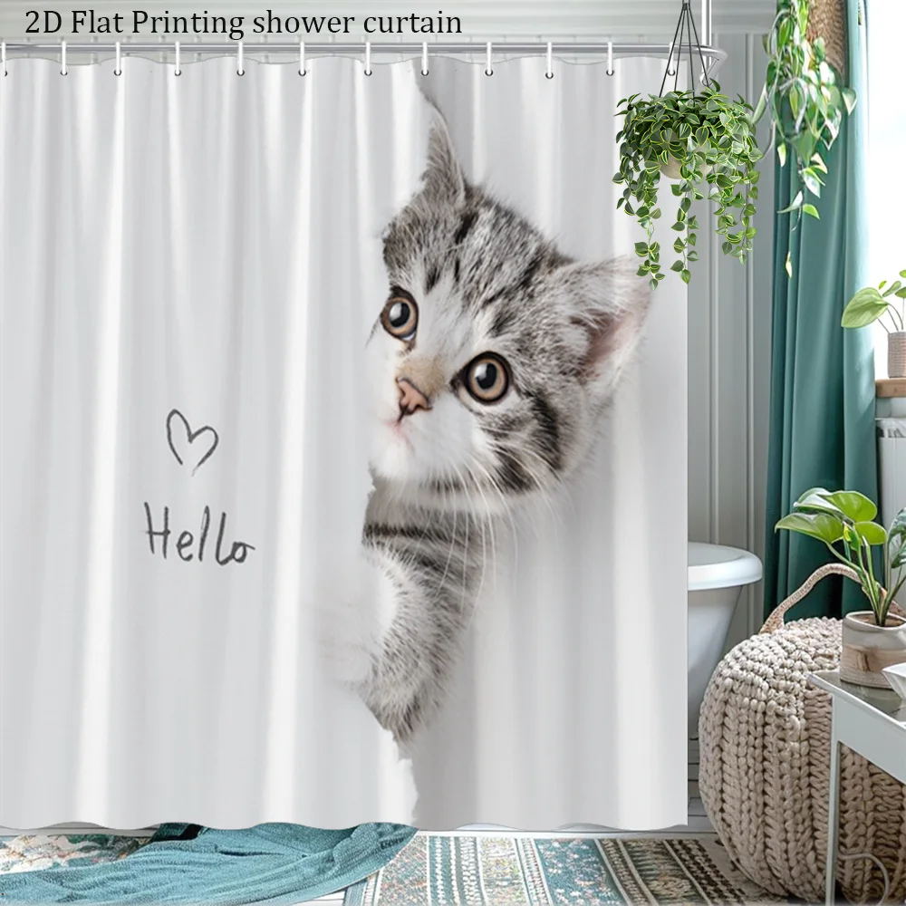 2D Flat, [2D Flat Printing] 1pc Cute Cat Shower Curtain Playful Kitty Adorable Pets Bathroom Decor Polyester Fabric Bath Partiti