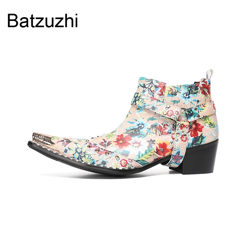Batzuzhi 6.5cm High Increased Men's Boots Fashion Flowers Print Leather Ankle Boots Man Slip on Business, Party Boots for Man