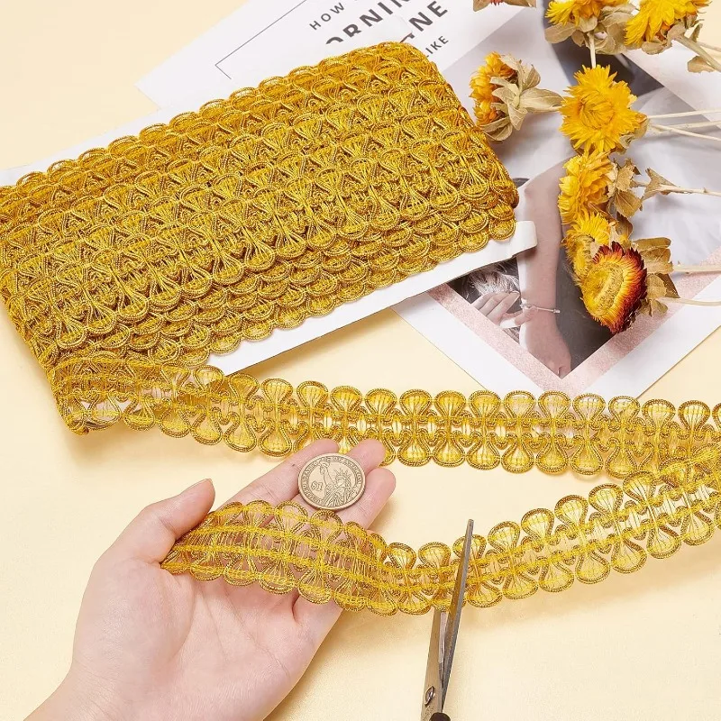 Metallic Braid Trim Golden Centipede Lace Ribbon 13 Yards Woven Gimp Braid Trim Decorative Fabric Trim for Wedding Bridal