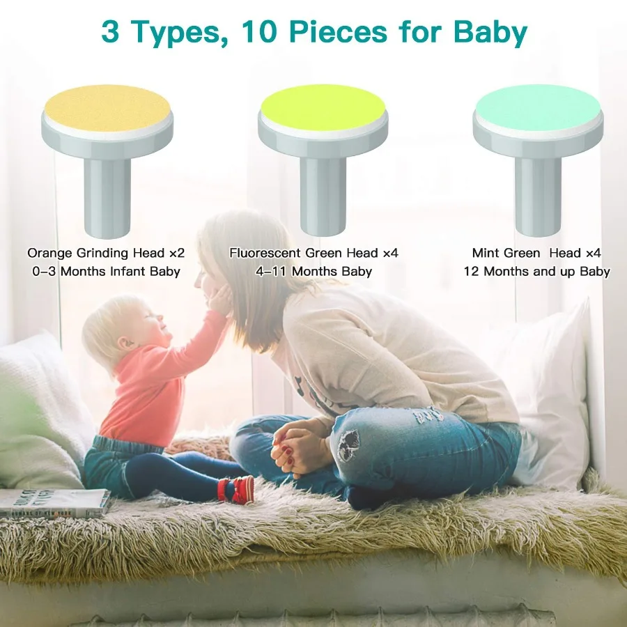 Coupe-ongles électrique pour bébé avec lumière LED et 10 têtes de meulage pour un soin des ongles sûr, silencieux et précis des nouveau-nés, les tout-petits et I