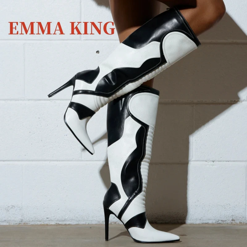 المرقعة النساء حذاء برقبة للركبة مثير مدبب تو كعب ستيليتو أحذية طويلة امرأة الرياضة نمط فارس الأحذية بوتاس دي موهير كبير 44