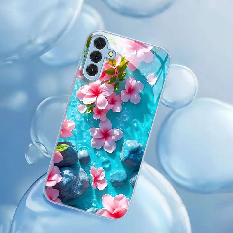 Fashion Turquoise Water Flower Glass Case Fit Samsung Galaxy S26/S25/S24/S23 Ultra /S22 Ultra/S20 Ultra/56/A72/A73 5G