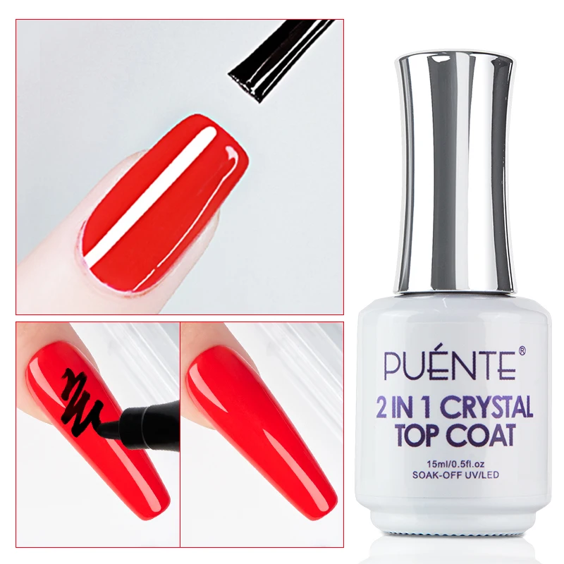 

PUENTE 15ML 2 In 1 Crystal Top Coat Gel Nail Polish No Wipe Transparent Sealer Chrome Base Soak Off UV Semi-Permanent Varnish