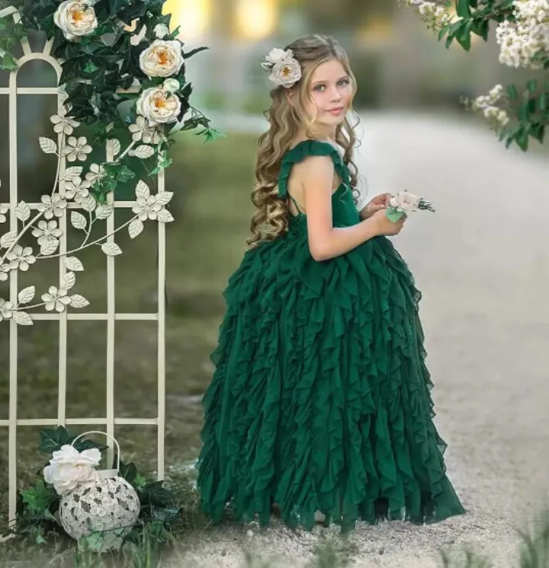 Verde inchado flor menina vestido de festa vestido crianças vestidos de festa trajes primeiro comunhão vestido transporte da gota