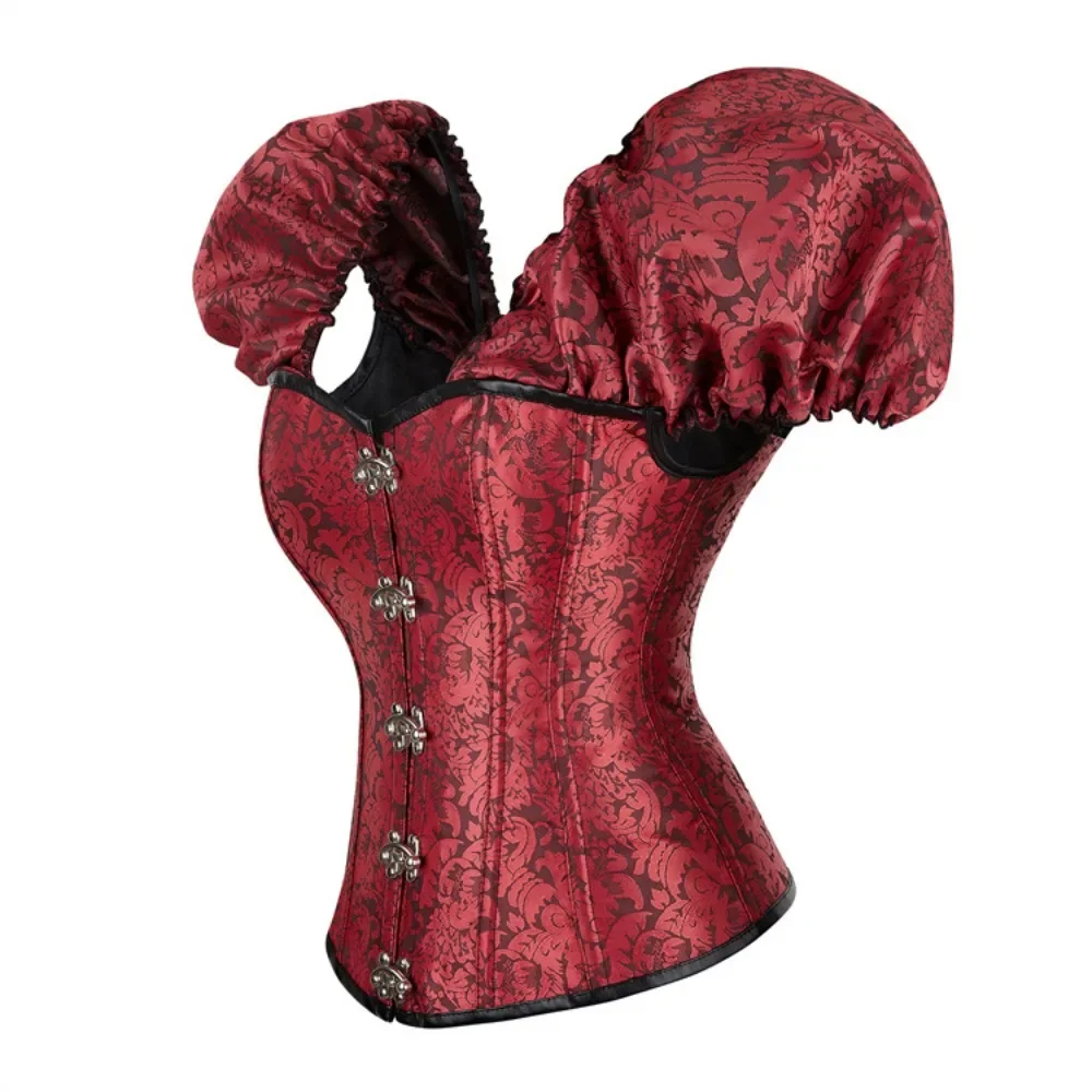 Gothic 12 Glue Bones Puff Sleeve Overbust Corset for Women Short Sleeved Jacquard Corset Retro Metal Rotating Buckle Corselet