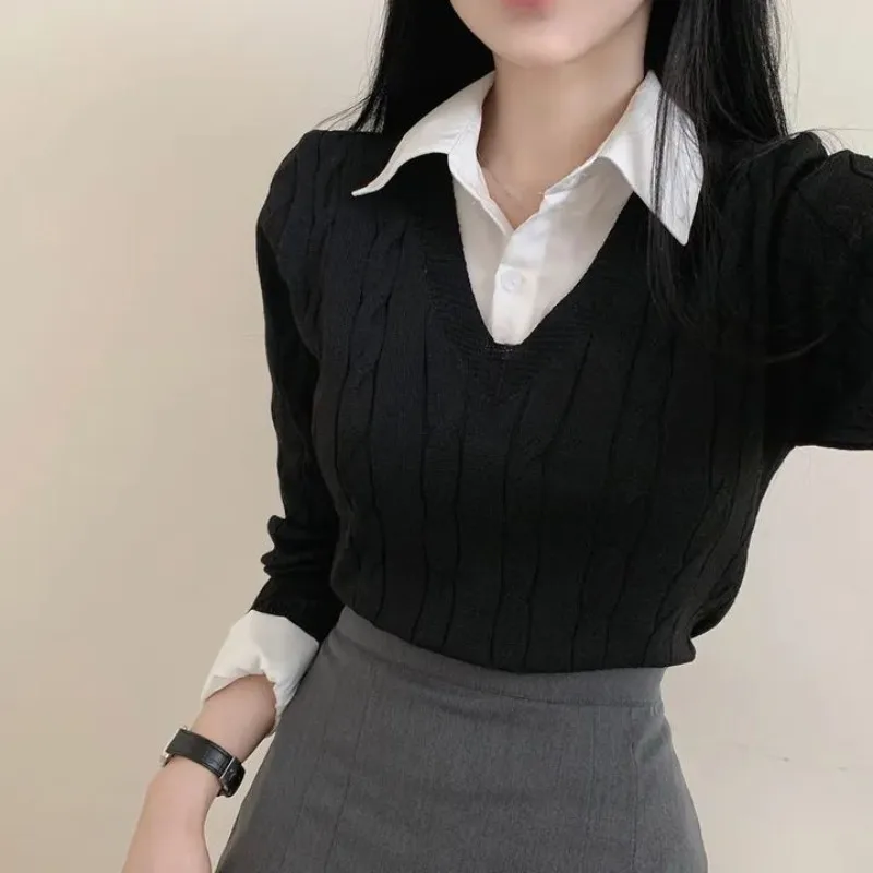 New Autumn Winter Woman Long-Sleeve Sweater Girl Student Knitwear Women Vintage Casual Top Ladies Commuter Layering Casual Shirt