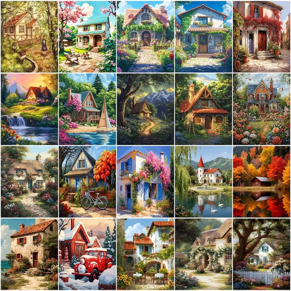 

GATYZTORY Paint By Numbers Village wooden house scenery Paintings On Number Kit Picture Color Markers Oil Living Room Decoration