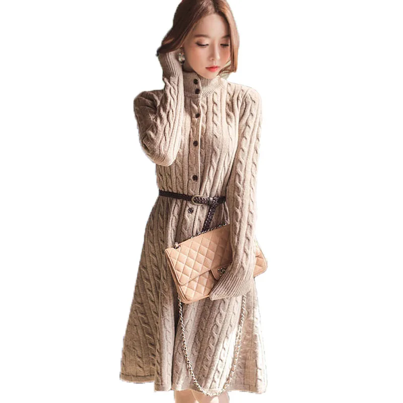 Woman Long 3D Twist Knitted Cardigan Crocheted Sweater Dress Slim Long-sleeve Loose Single-breasted Knitwear Coat Tops with Belt