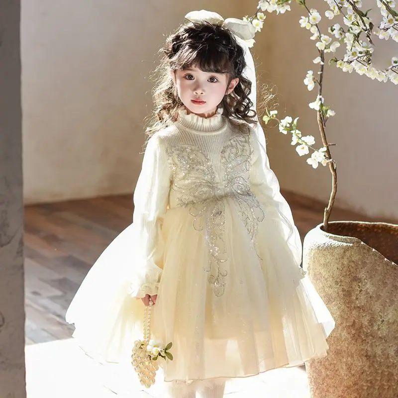 

Детское платье для девочек, блестящее элегантное платье принцессы в стиле Лолиты с длинными рукавами и высоким воротником, наряд на день рождения для девочек, кружевной повязка на голову
