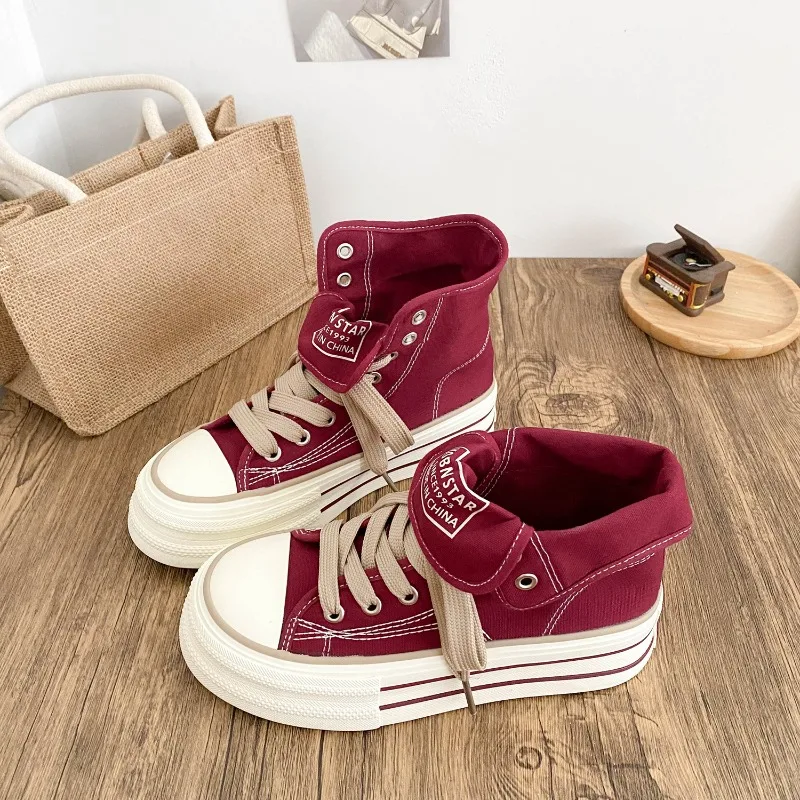 

Women's High-Top Canvas Shoes Two-Way Wear Casual Retro Popular Match All Autumn Season Breathable Korean Style Flat Heel