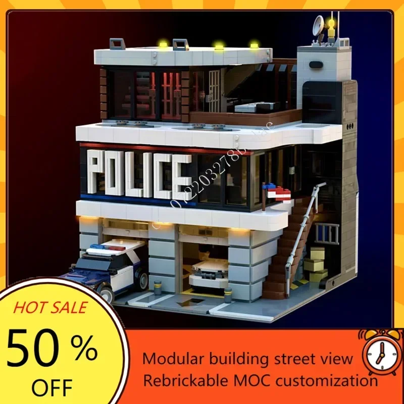 

3009 шт., полицейский отдел, исполнительное издание, модульная MOC, креативная модель с видом на улицу, индивидуальная головоломка, архитектура, модель «сделай сам», игрушка в подарок