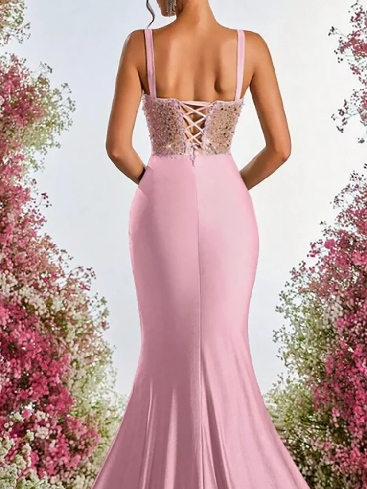 クラシックビーズノースリーブプリーツスパンコールレースアップマーメイドフォーマルイブニングドレス誕生日パーティーウエディングドレスカスタマイズ