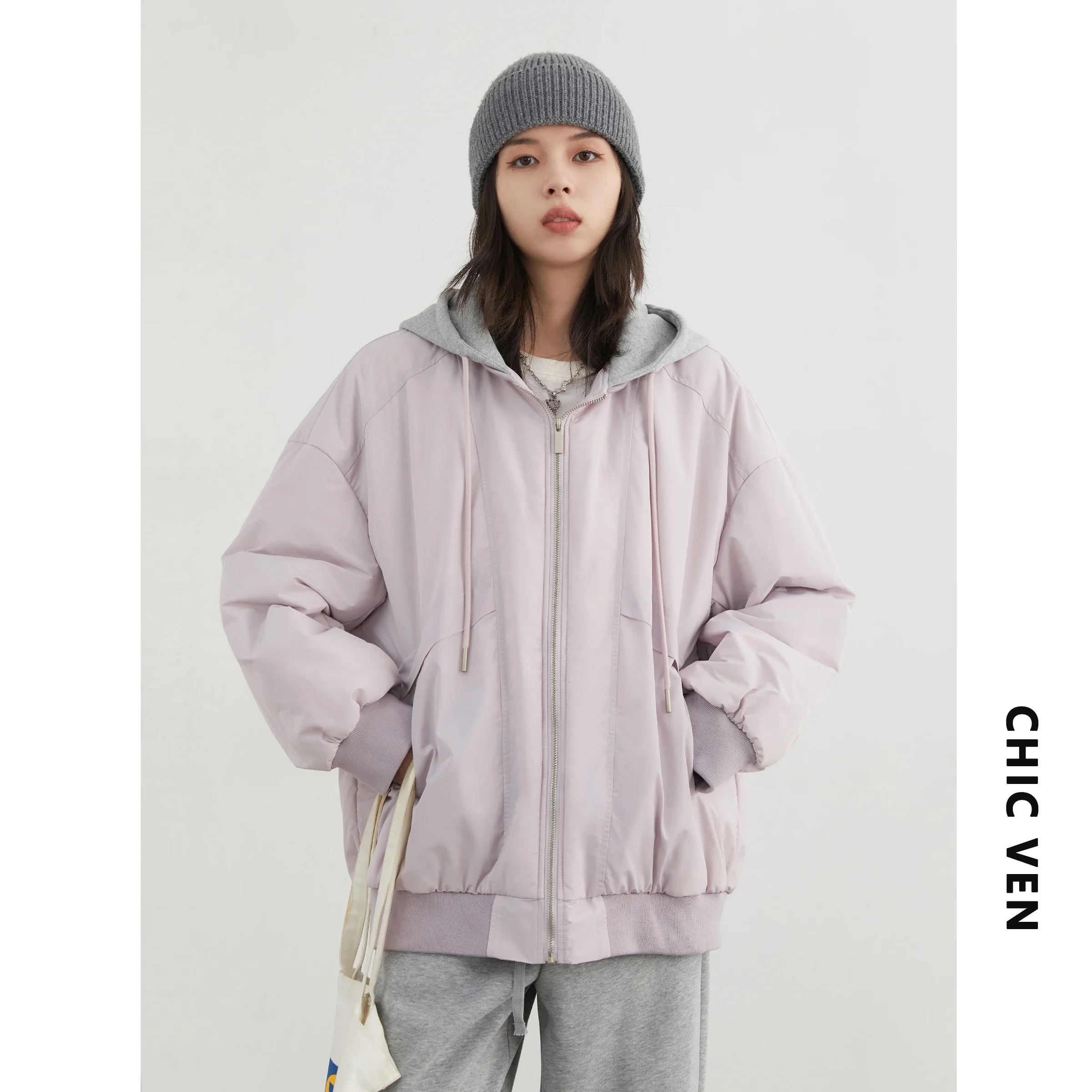 CHIC VEN Women Jacket Solid Hooded Loose Casual Woman Coat BF Style Thick Female Baseball Jackets Autumn Winter 2024 Clothing