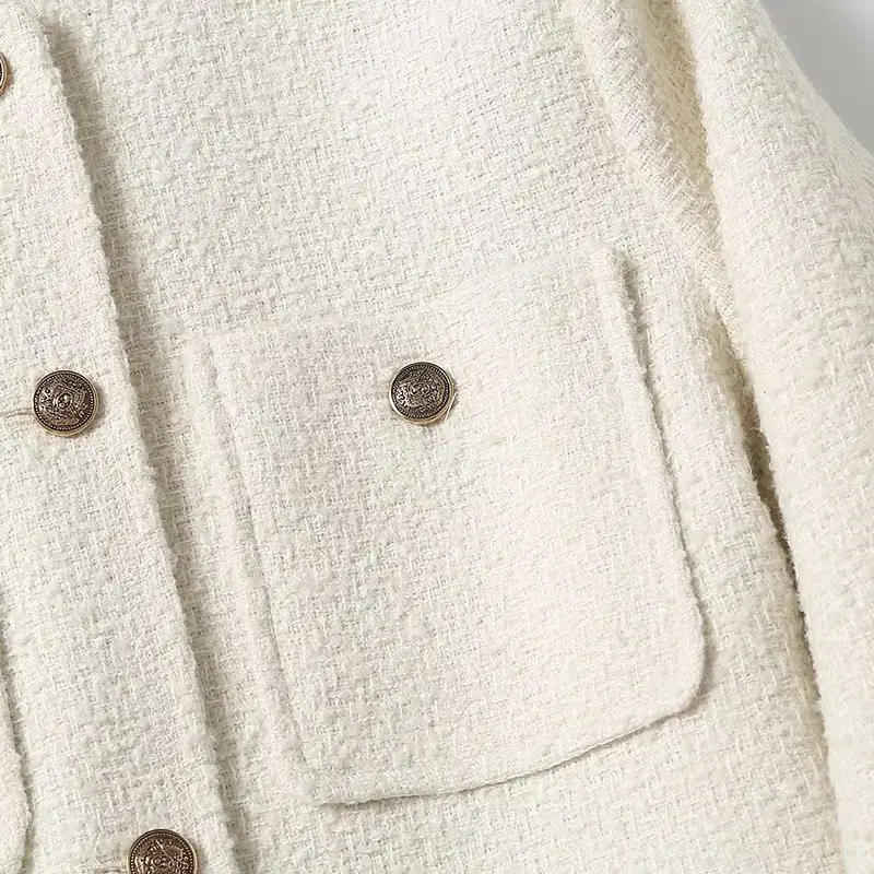 Jenny&Dave Office Ladies Round Neck Pocket Jacket Women Top French Fashion Elegant Textured Coat
