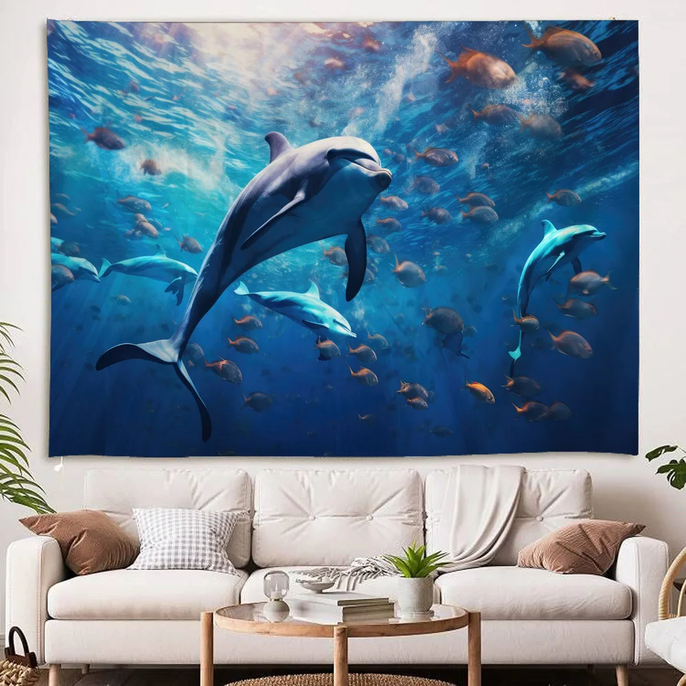 Underwater Dolphin Polyester Tapestry Ocean Theme Wall Hanging for Living Room Children's Room Decorative Background Art