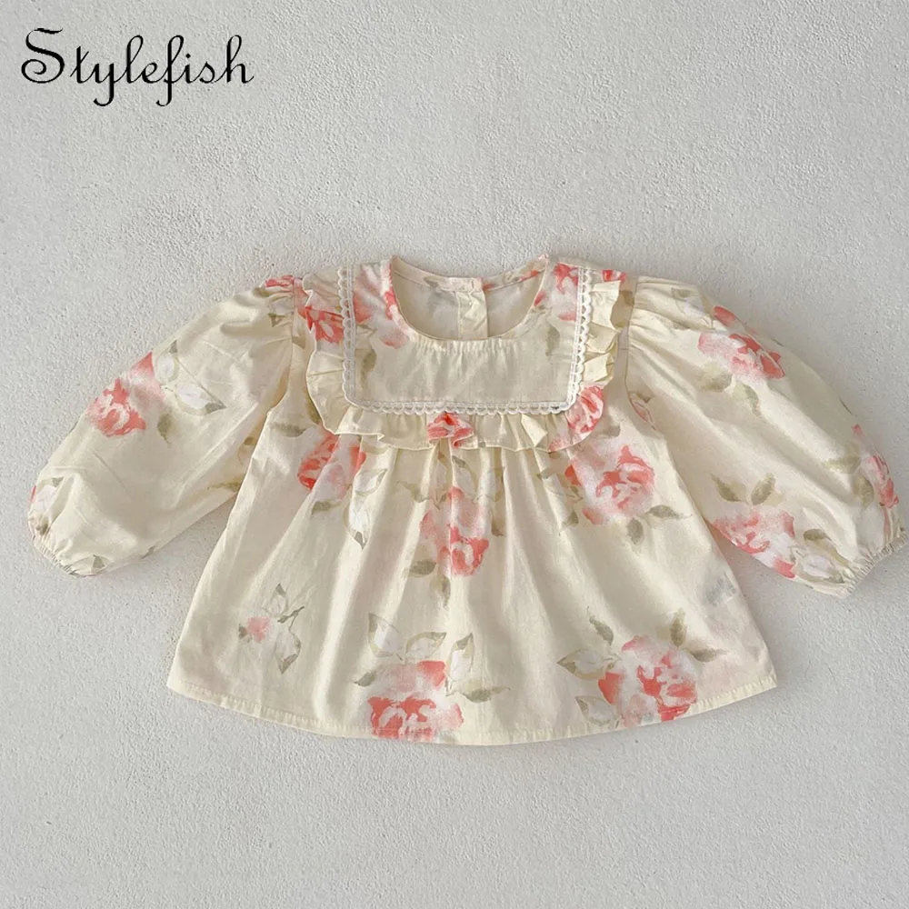 Spring and Autumn Clothing Baby Girl Print Flower Round Neck Long Sleeve Top+Versatile Denim Radish Pants