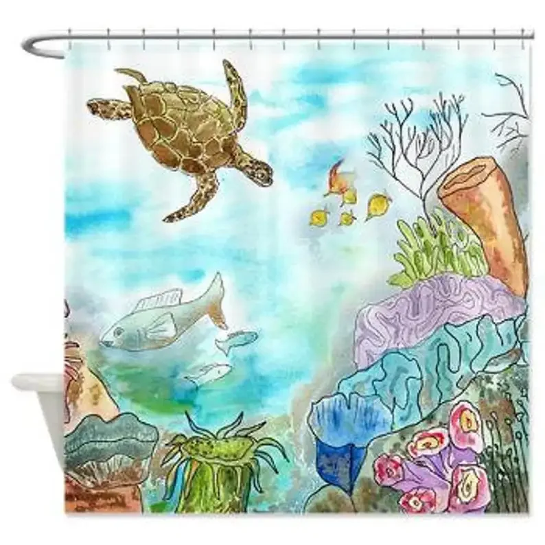 Undersea Turtle Shower Curtain Reef Watercolor Art Beach Surfer Blue Coastal Bathroom Decor