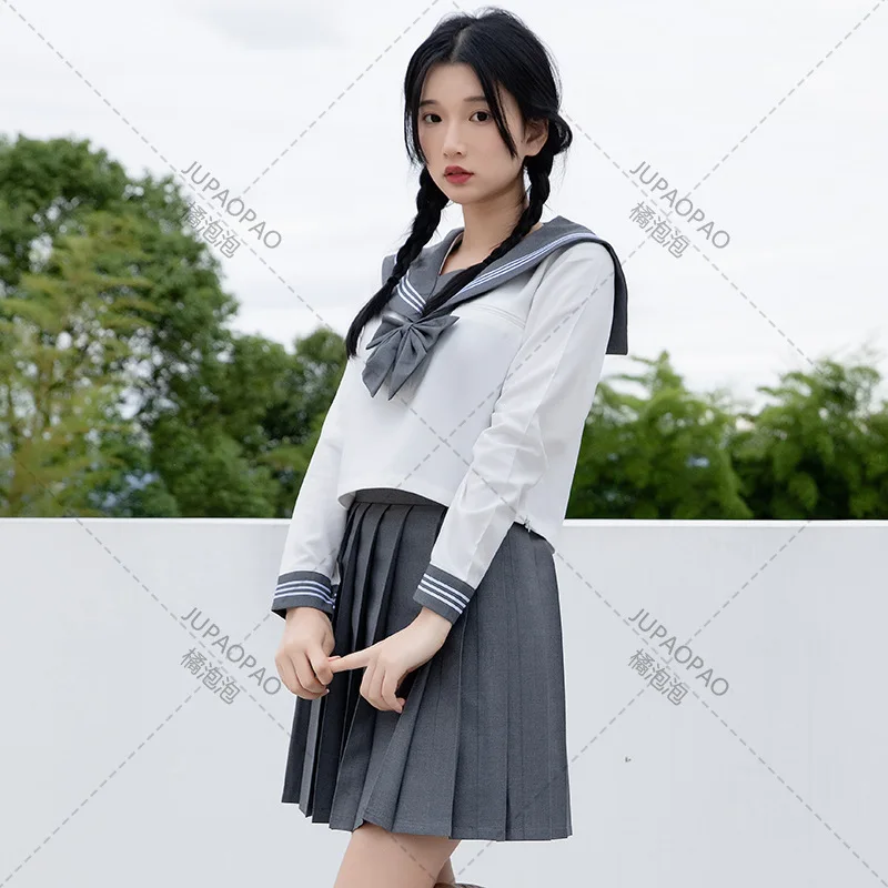 Japanese School Seifuku Girls Grey Sailor Dress Shirts Student JK Uniforms Korean Pleated Skirt Set Kawaii Schoolgirl Costume