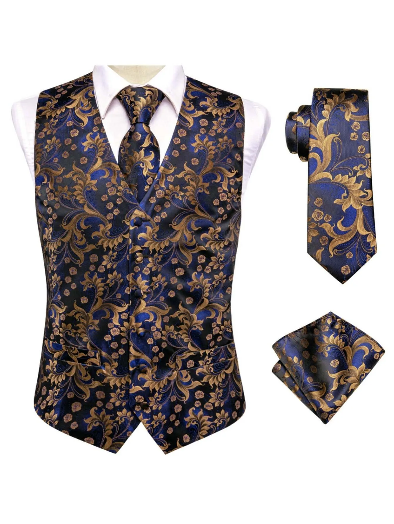 Men's Gold Jacquard Vest 3-Piece Set Includes Waistcoat, Tie & Pocket Square, Elegant Matching Suit for Wedding, Banquet