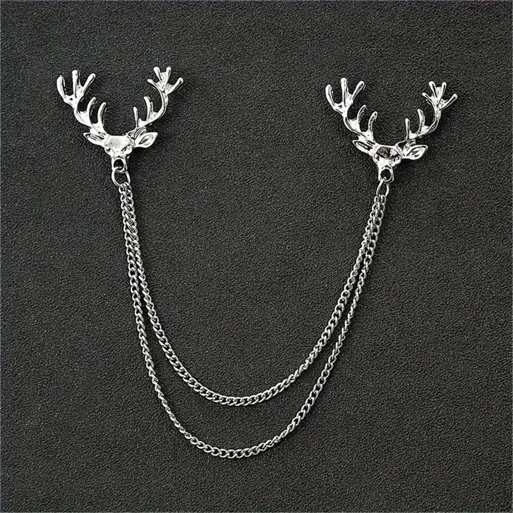 1pc Retro Deer Head Tassel Chain Brooch, Alloy Collar Pin For Men Christmas Gift Brooches Party Jewelry Accessories Gifts