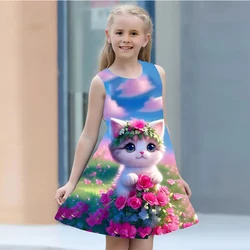 Robe d'été pour filles, vêtements décontractés, col rond, imprimé chat 3D, tenue princesse pour enfants de 2 à 8 ans, collection 2024