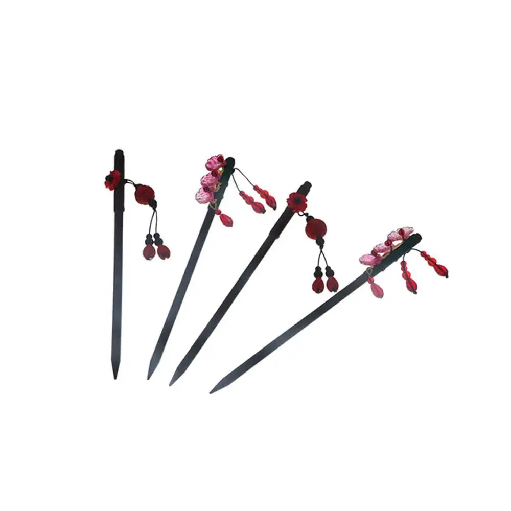 Antique Flower Wooden Hair Stick Tassel New Year Hanfu Hairpin Hair Sticks for Buns Red for Women