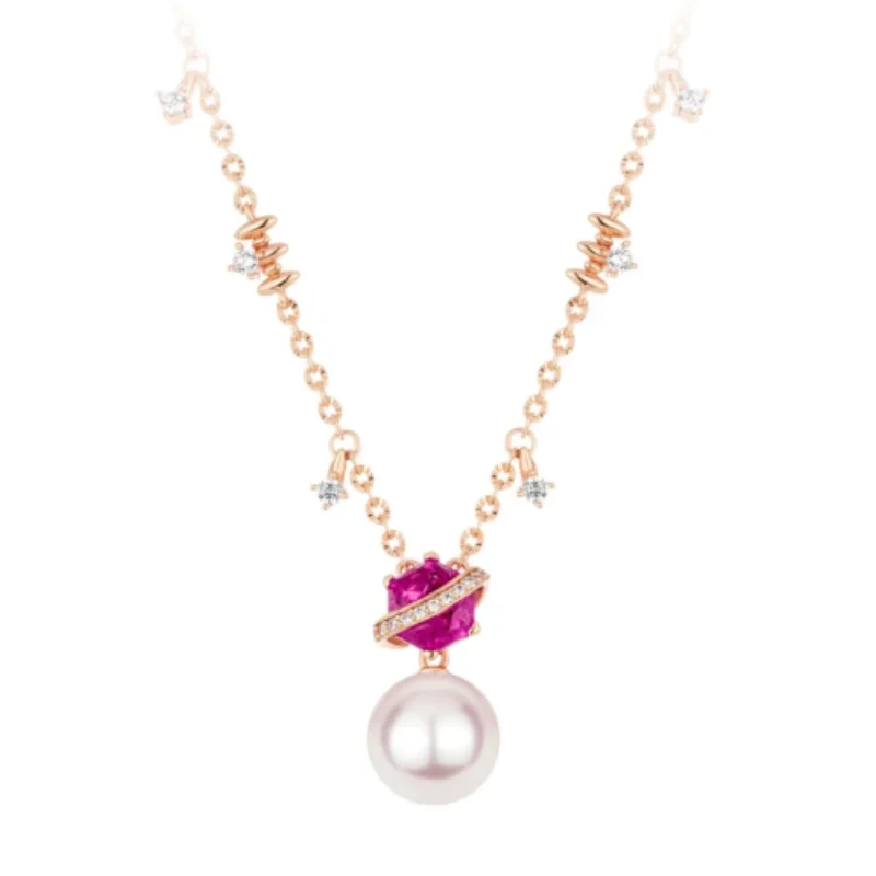

BELLUX 925 Silver Gold Plated Necklace Synthetic Zirconia Simulated Shell Pearl Elegant Rose Red Gemstone Pendant Necklace