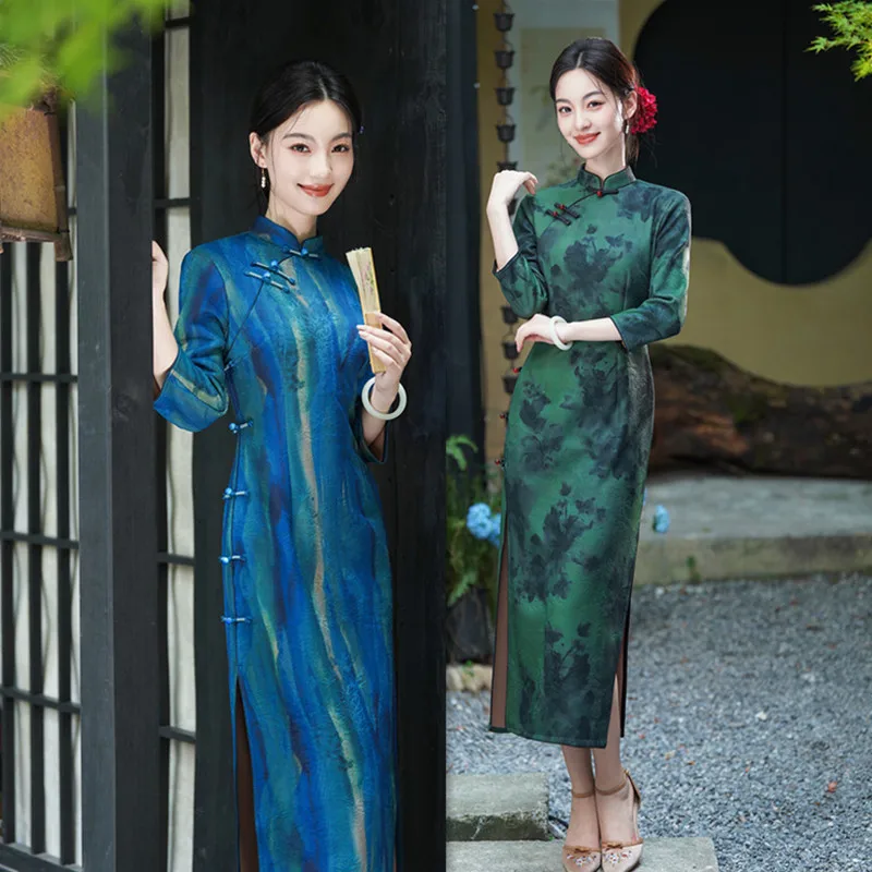 

Yourqipao Long Sleeve Chinese Traditional Cheongsam Women Winter Long Qipao Evening Dress